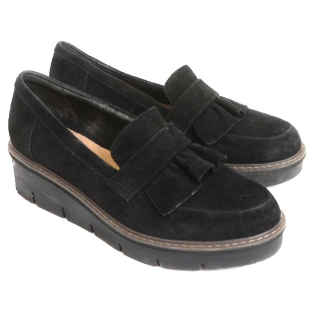 Clarks Women's 8 Airabell Slip On Tassle Loafer Black Suede Wedge Platform - Picture 3 of 10